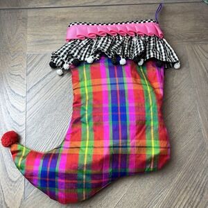 MacKenzie Childs Jester Christmas Stocking Multi Plaid 15" Black White beads